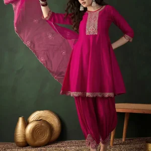 Sangria Embroidered A-Line Kurta Set With Afghani Pant & Dupatta