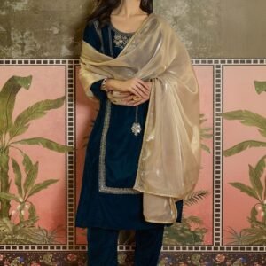 Sangria Embroidered A-Line Kurta Set With Afghani Pant & Dupatta